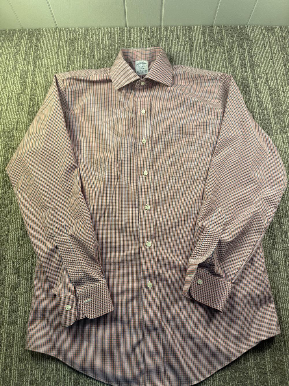 Brooks Brothers Dress Shirt Mens 15-33 Orange Check Regent Non Iron Stretch LS